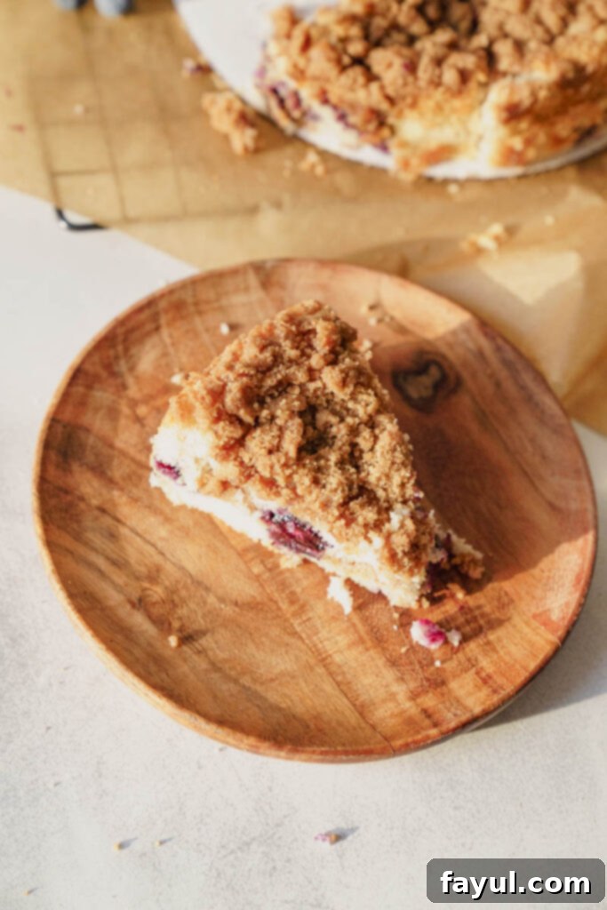 Two slices of Blueberry Buckle Cake on a white plate