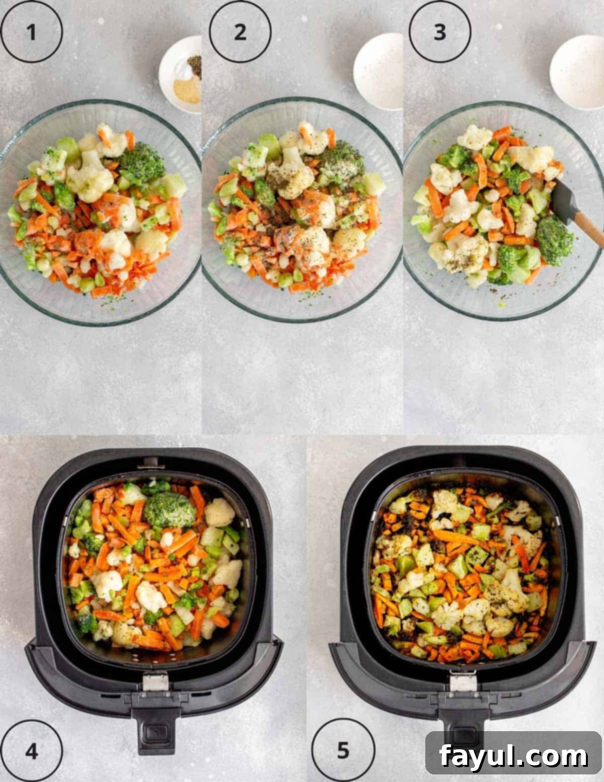 Step-by-step process photos demonstrating how to prepare and air fry frozen vegetables.