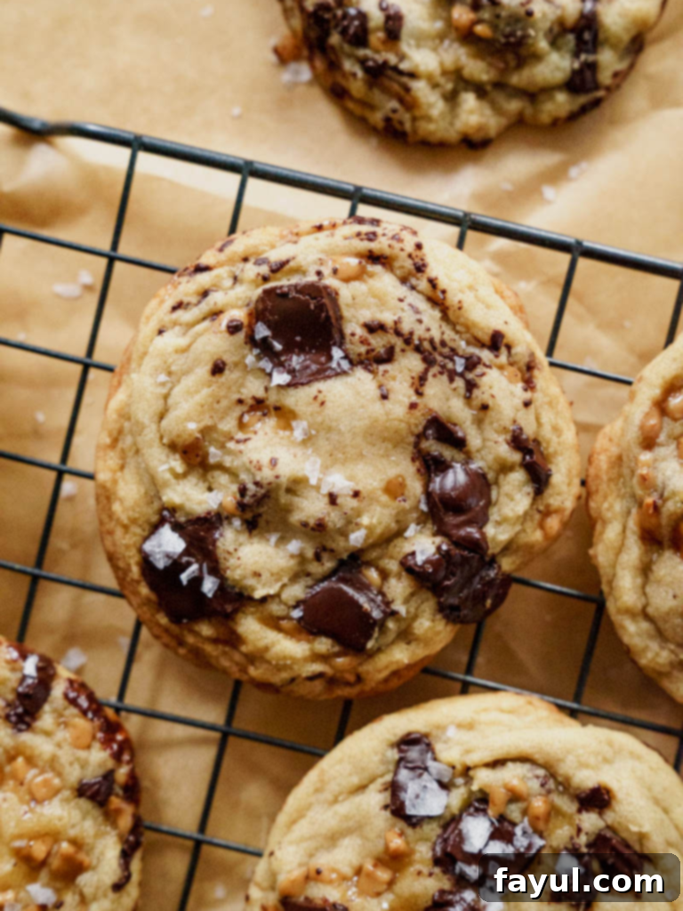 Espresso Toffee Chunk Cookies on a cooling rack