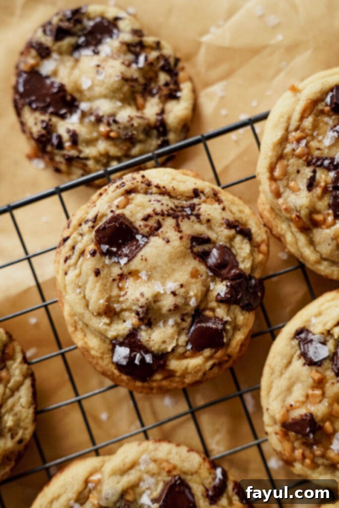 Freshly baked Espresso Toffee Chunk Cookies on a baking sheet