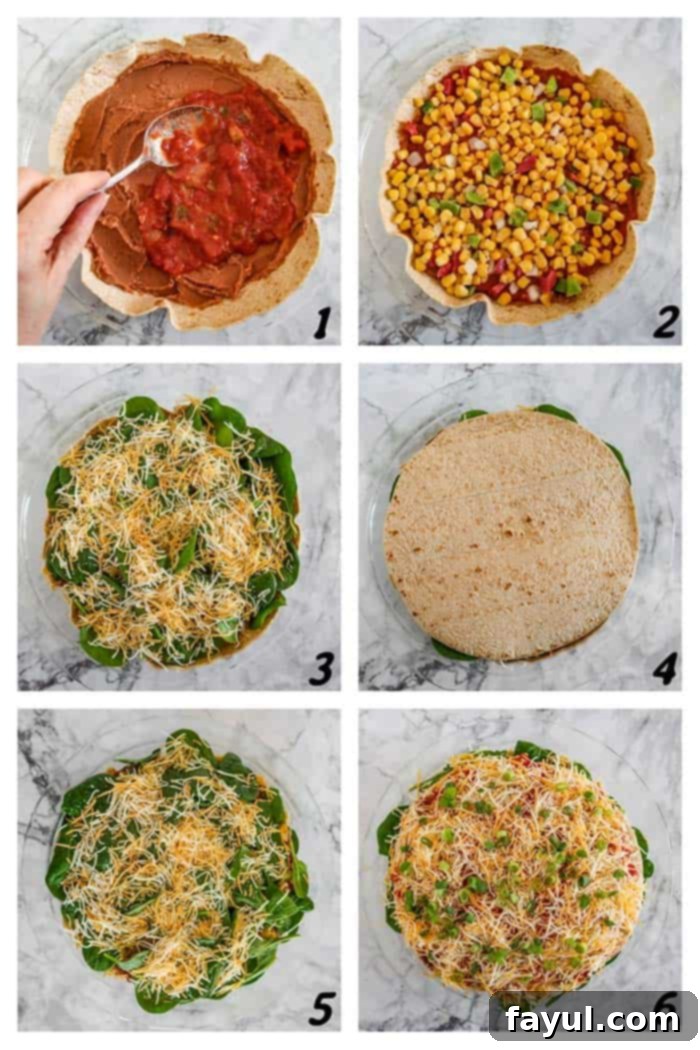Six-panel grid of process shots showing the layering of ingredients (tortillas, refried beans, salsa, corn, spinach, cheese) into a baking pan for the vegetarian Mexican lasagna casserole.