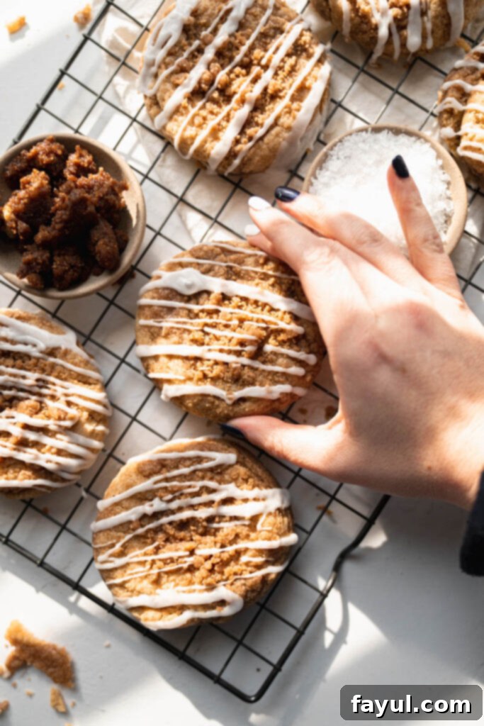 Close-up of baked Coffee Cake Cookies showing gooey center