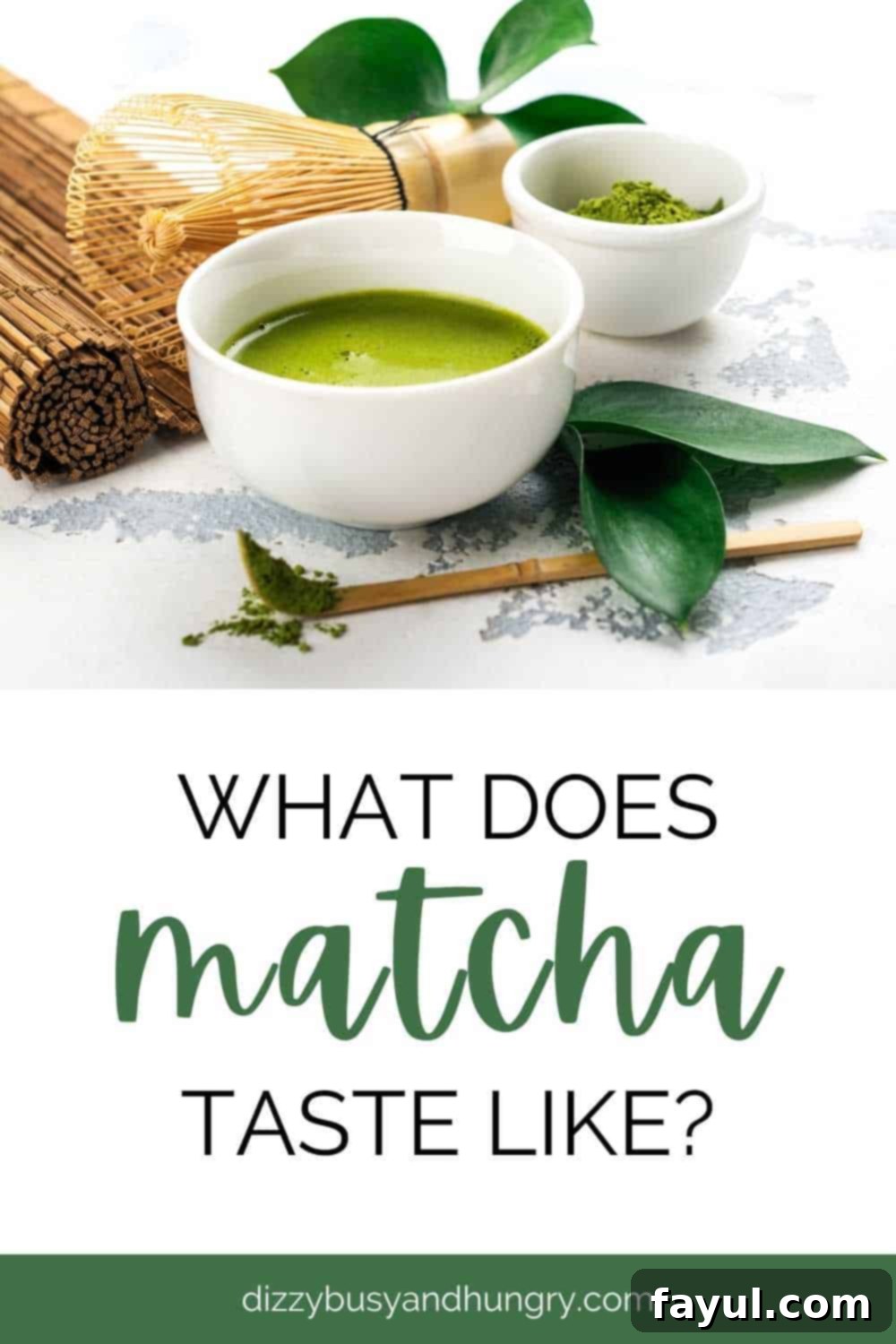 Matcha powder and tea on a white background styled with green tea leaves and a rolled bamboo placemat.