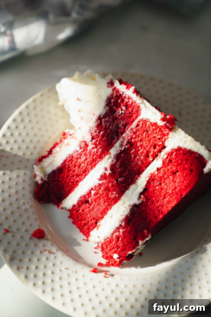 Close-up of a beautifully frosted Red Velvet Layer Cake