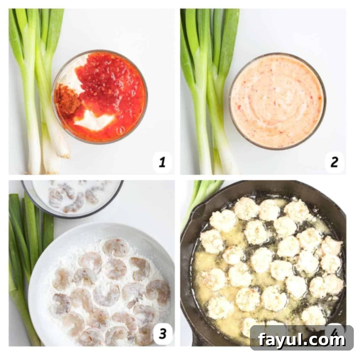 Four panel grid of process shots 2-4 - combining ingredients to make sauce, coating shrimp in cornstarch, and frying in a skillet.