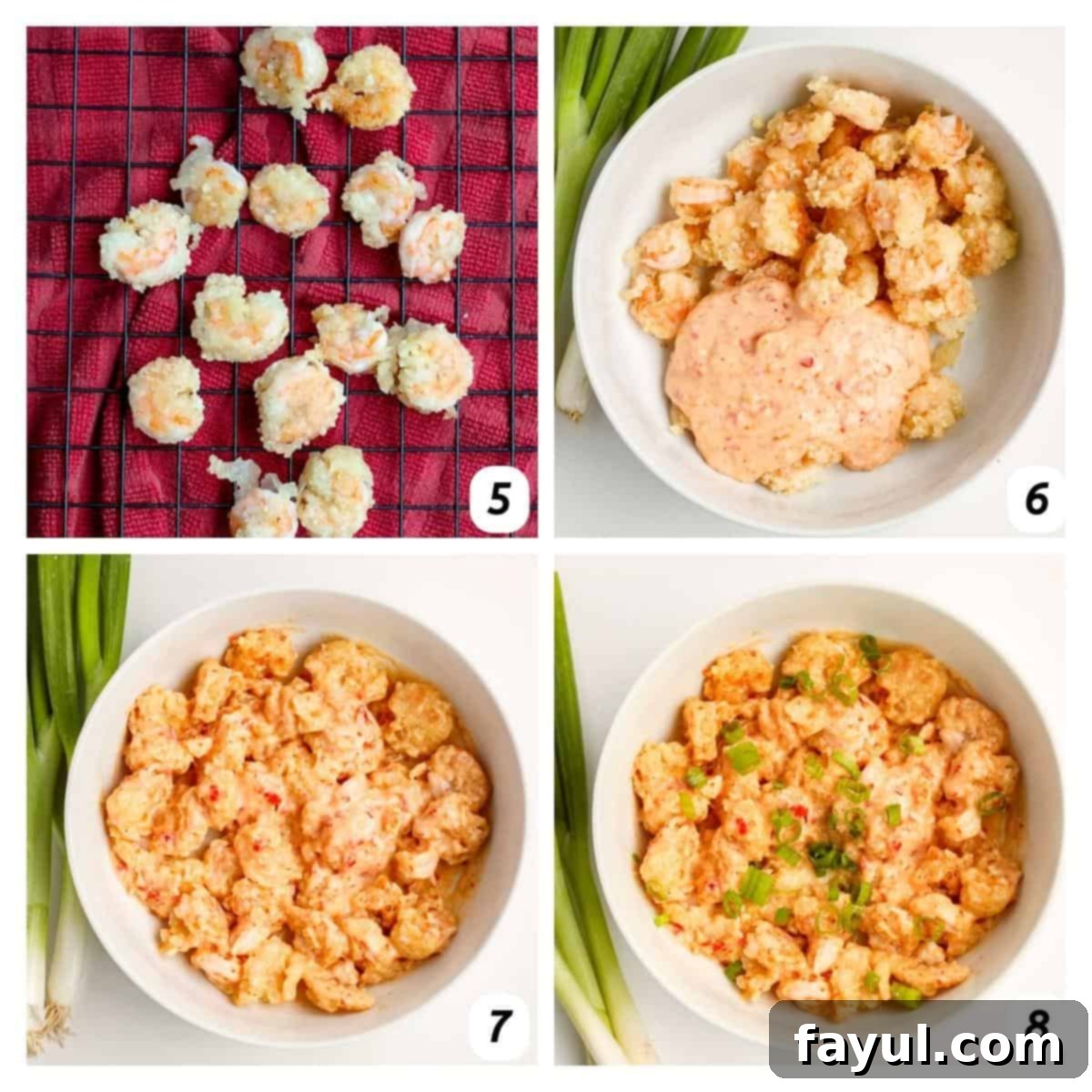 Four panel grid of process shots 5-8 - drying shrimp after frying, combining with sauce, and adding green onions.