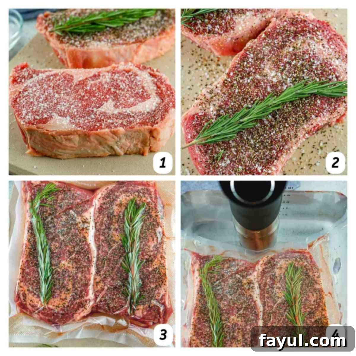 Four panel collage of process shots - dress steak with salt, pepper, and rosemary, vacuum sealing the bags, and cooking in a hot water bath.