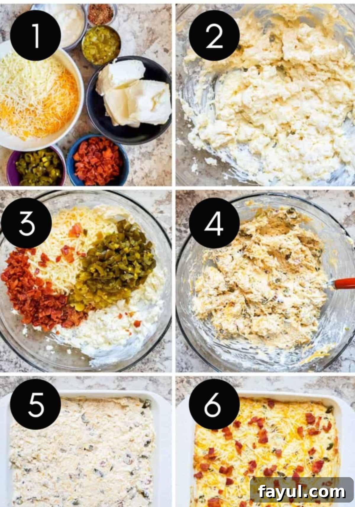 Loaded Bacon Jalapeno Burst 3 Prep image showing 6 steps of the dip with numbers.