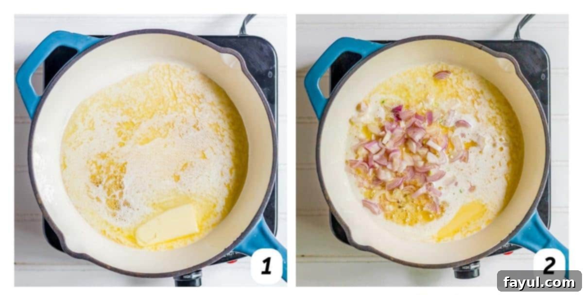 Two panel grid showing process shots 1-2: First, melting butter in a large skillet over medium heat, and second, adding minced garlic and shallots to the melted butter to sauté.
