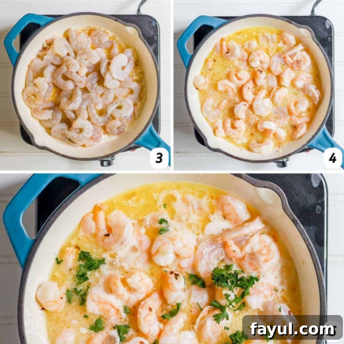 Three panel grid showing process shots 3-5: First, adding raw shrimp to the skillet with sautéed aromatics. Second, pouring in chicken broth and lemon juice, and adding red pepper flakes. Third, the finished dish of shrimp scampi served over linguine, garnished with fresh parsley.