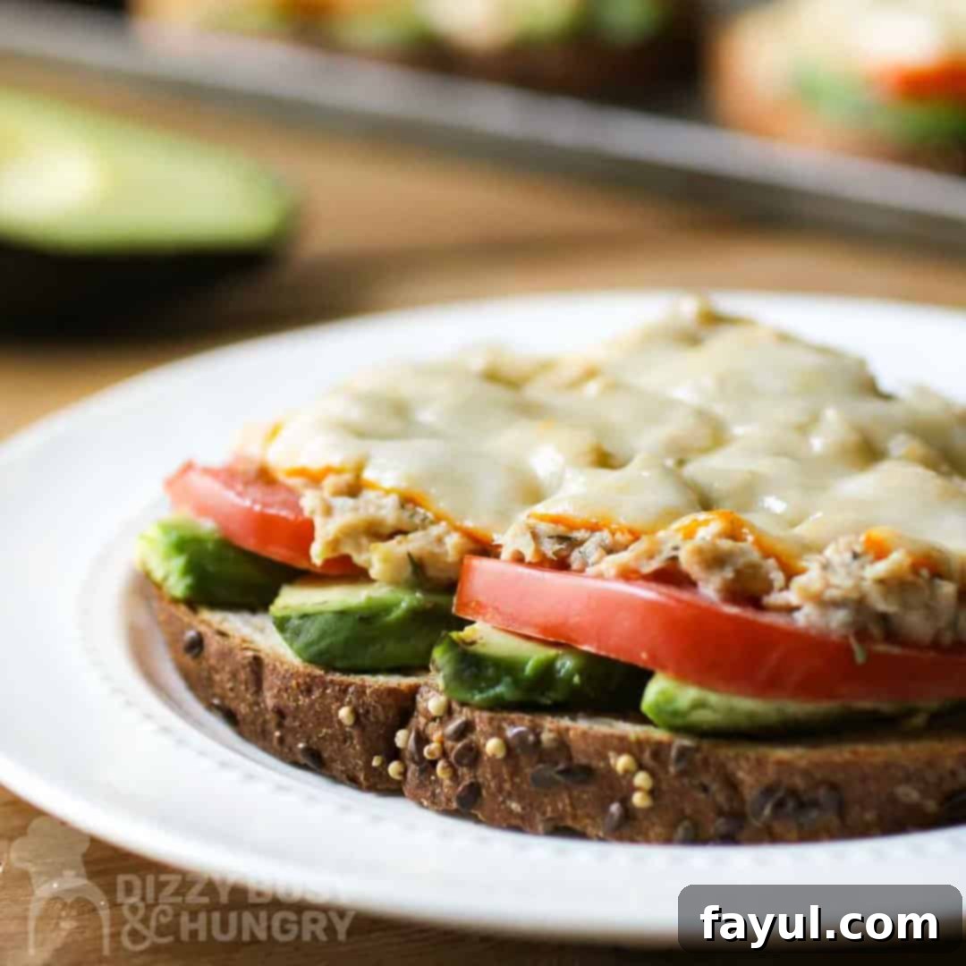 Avocado Flavor Demystified 9 Side view of avocado tuna melt on a white plate with sliced avocado in the background.