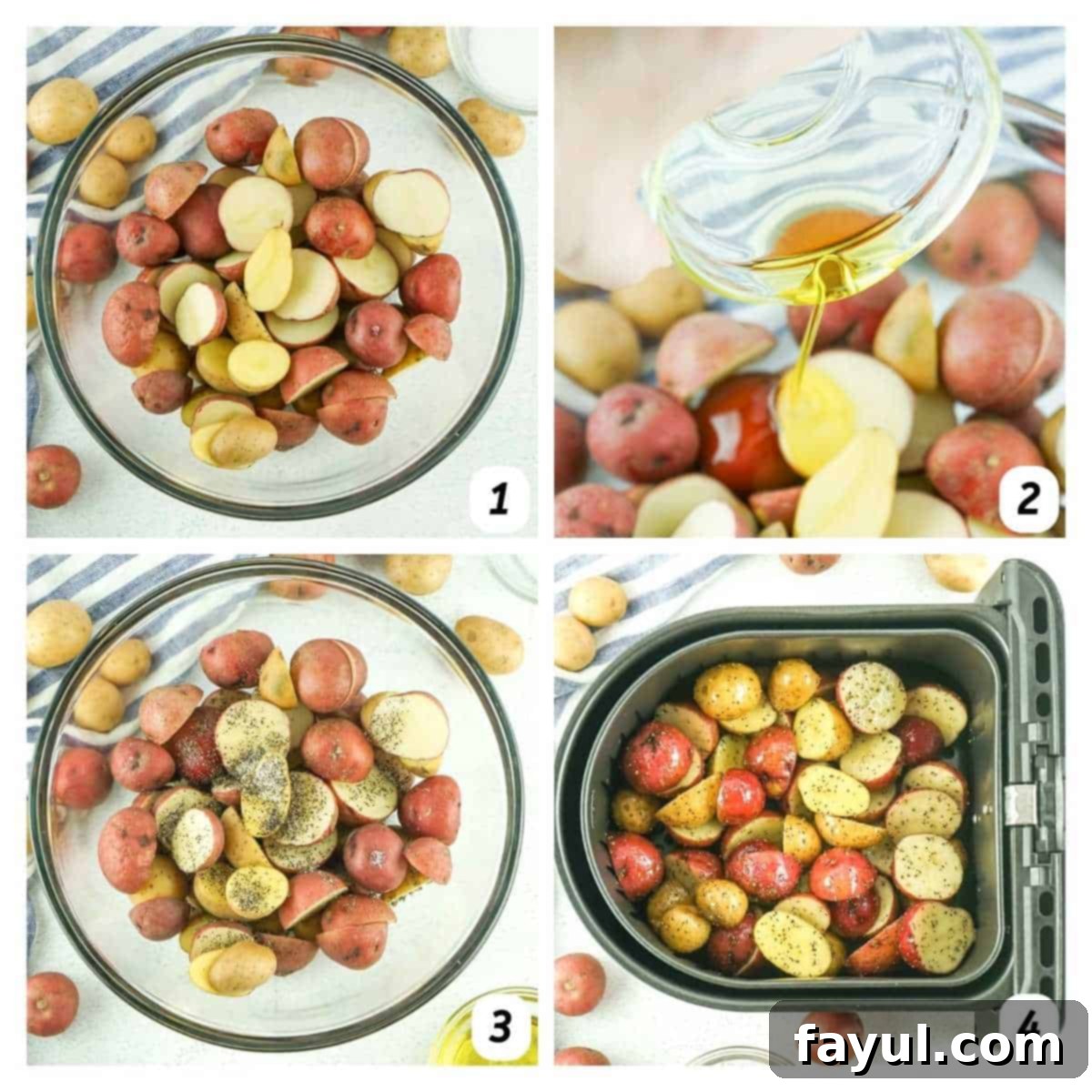 Crispy Air Fryer Baby Potatoes 4 Four panel grid of process shots - washing and chopping potatoes, coating with olive oil, salt, and pepper, and air frying.