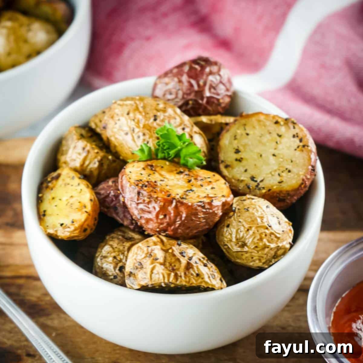 Crispy Air Fryer Baby Potatoes 5 Side angled shot of halved baby tomatoes garnished with fresh herbs in a white bowl on a wooden table.