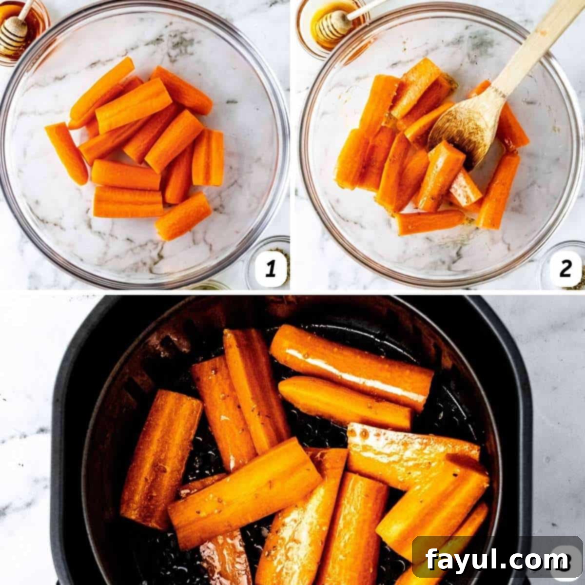 Three panel grid of process shots - chopping carrots, coating with seasonings, and cooking in the air fryer.