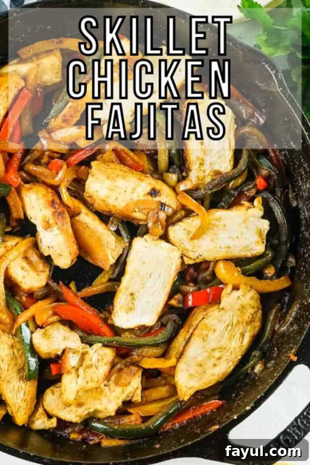 Overhead shot of sizzling chicken fajitas in a black cast iron skillet, garnished with fresh cilantro on the side, ready to be served.