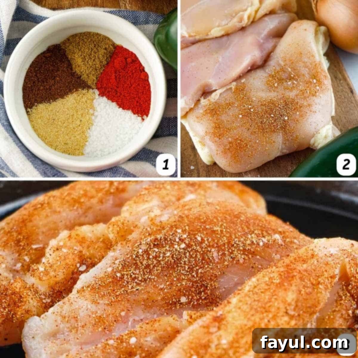 Three panel grid showing the first three steps of making chicken fajitas: 1) mixing chili powder, smoked paprika, cumin, garlic powder, and salt in a bowl, 2) slicing raw chicken breasts, and 3) coating the chicken with the homemade spice mixture.