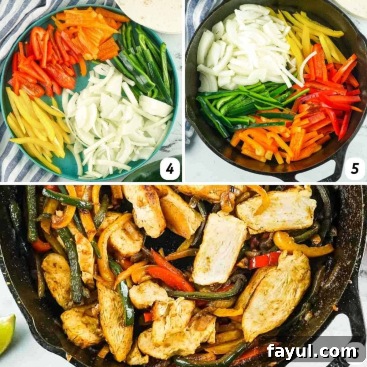 Three panel grid showing steps 4-6 of making chicken fajitas: 4) chopping onion, bell peppers, and poblano pepper into strips, 5) cooking the sliced vegetables separately in the skillet, and 6) combining the cooked vegetables with sliced chicken strips in the skillet.