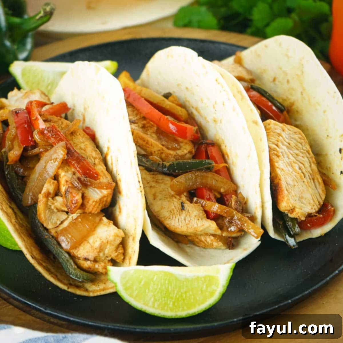 Side shot of three perfectly assembled chicken fajita tacos on a sleek black plate, accompanied by a fresh lime wedge and a sprinkle of fresh herbs in the background, ready to be enjoyed.