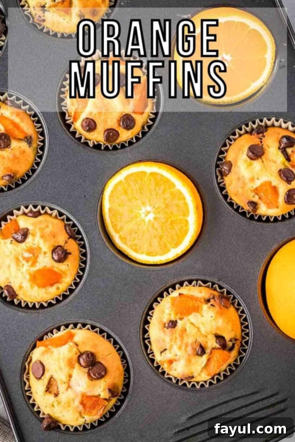 Overhead shot of a cupcake sheet filled with golden-brown orange chocolate muffins, garnished with half slices of fresh oranges and chocolate chips.