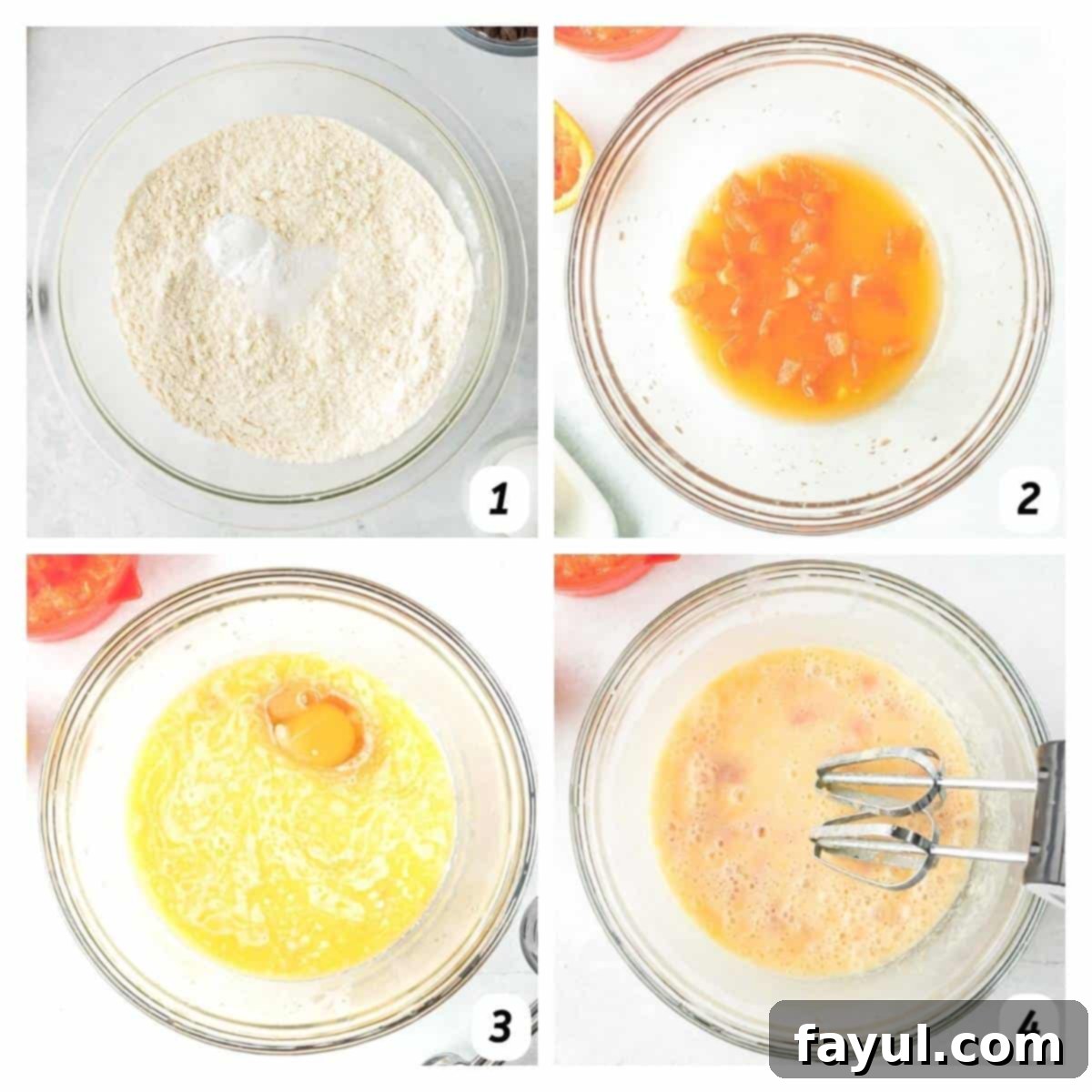 Four panel grid showing process shots 1-4: sifting dry ingredients, juicing and segmenting oranges, combining wet ingredients in a bowl, and whisking the wet mixture together.