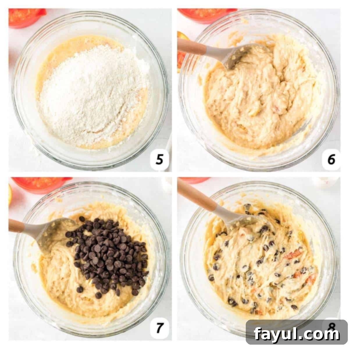 Four panel grid showing process shots 5-8: adding dry ingredients to wet, mixing batter, adding chocolate chips, and gently folding in chocolate chips.