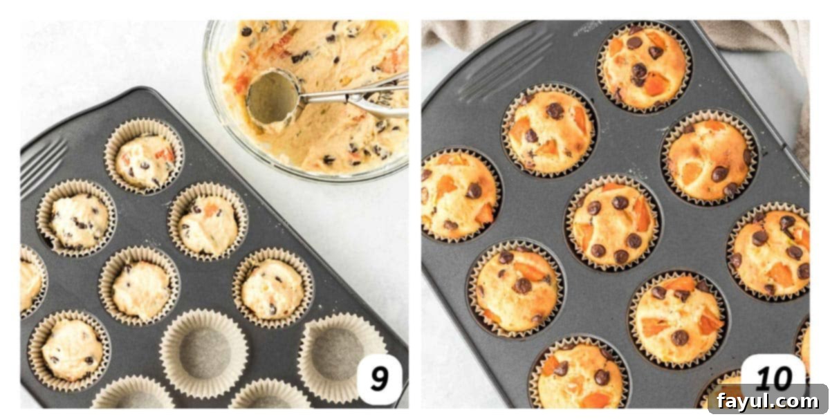 Two panel grid showing process shots 9-10: scooping muffin batter into a lined muffin tin, and muffins baking in the oven.