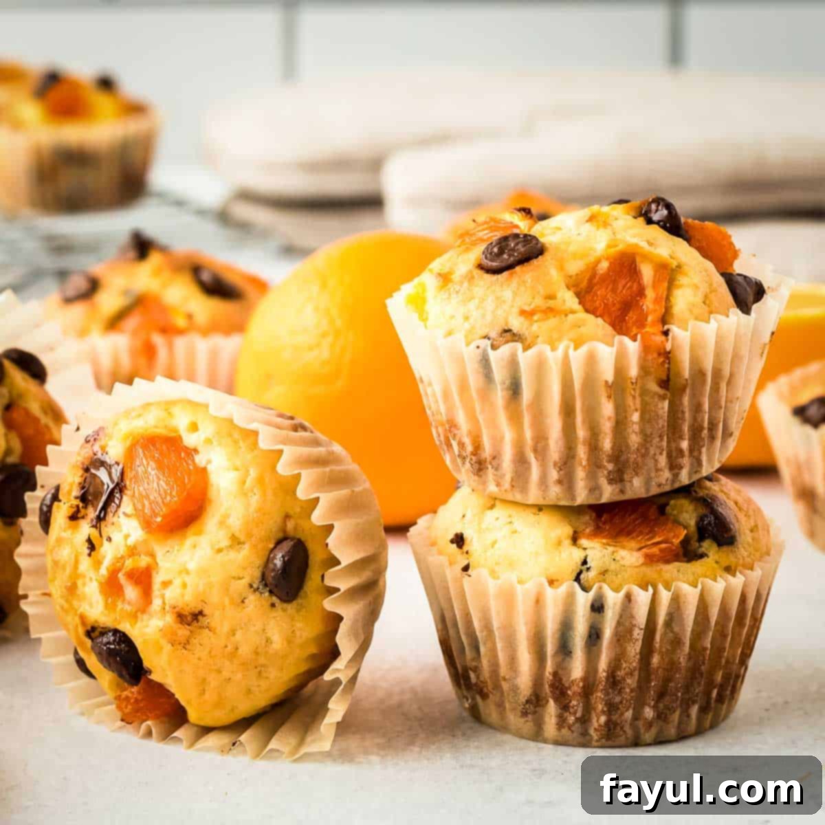 Side view of two stacked orange chocolate muffins and one turned on its side on a white surface, with a fresh orange and more muffins in the background.
