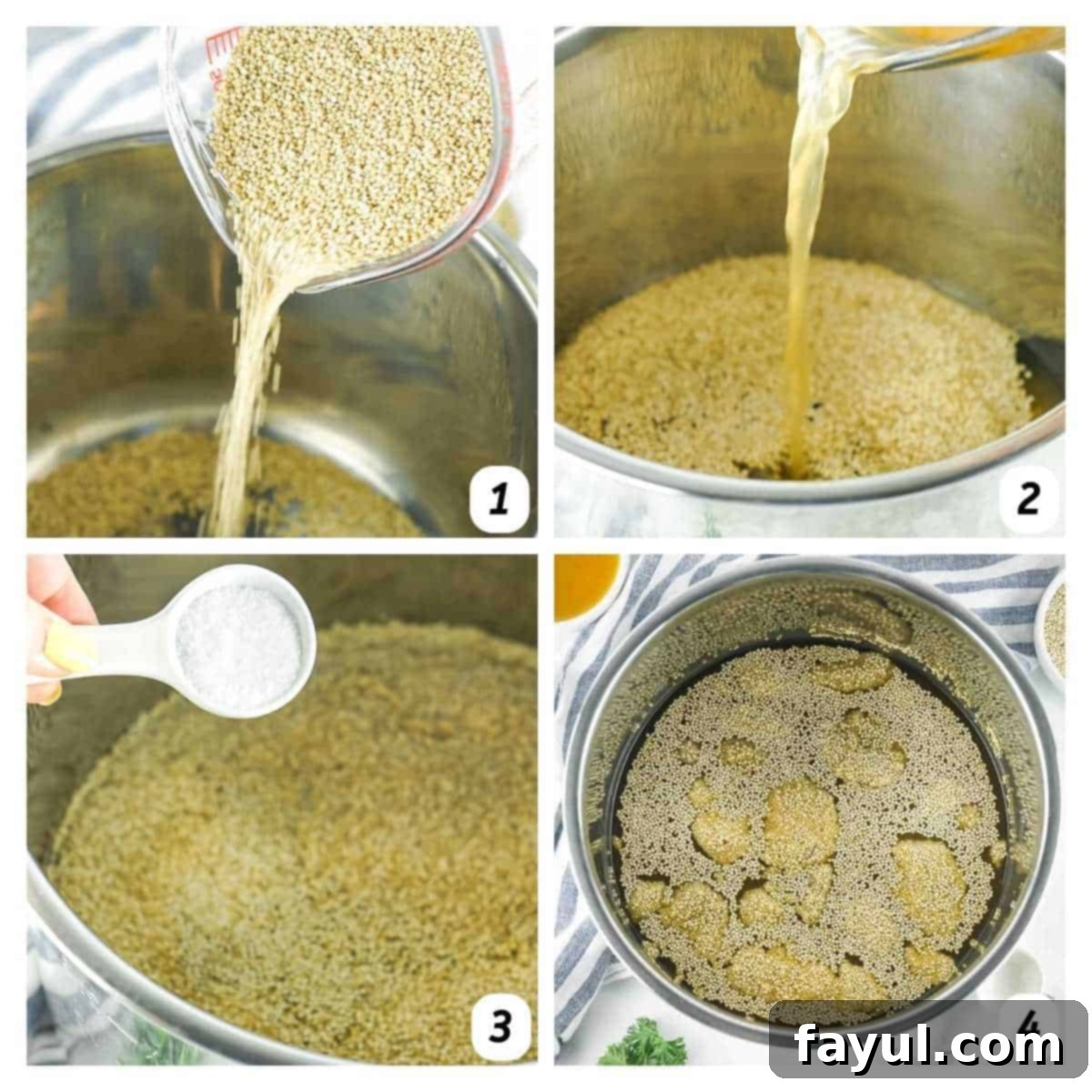 Fluffy Instant Pot Quinoa 4 Four panel grid of process shots 1-4 - adding quinoa, salt, and chicken broth into the instant pot and cooking.