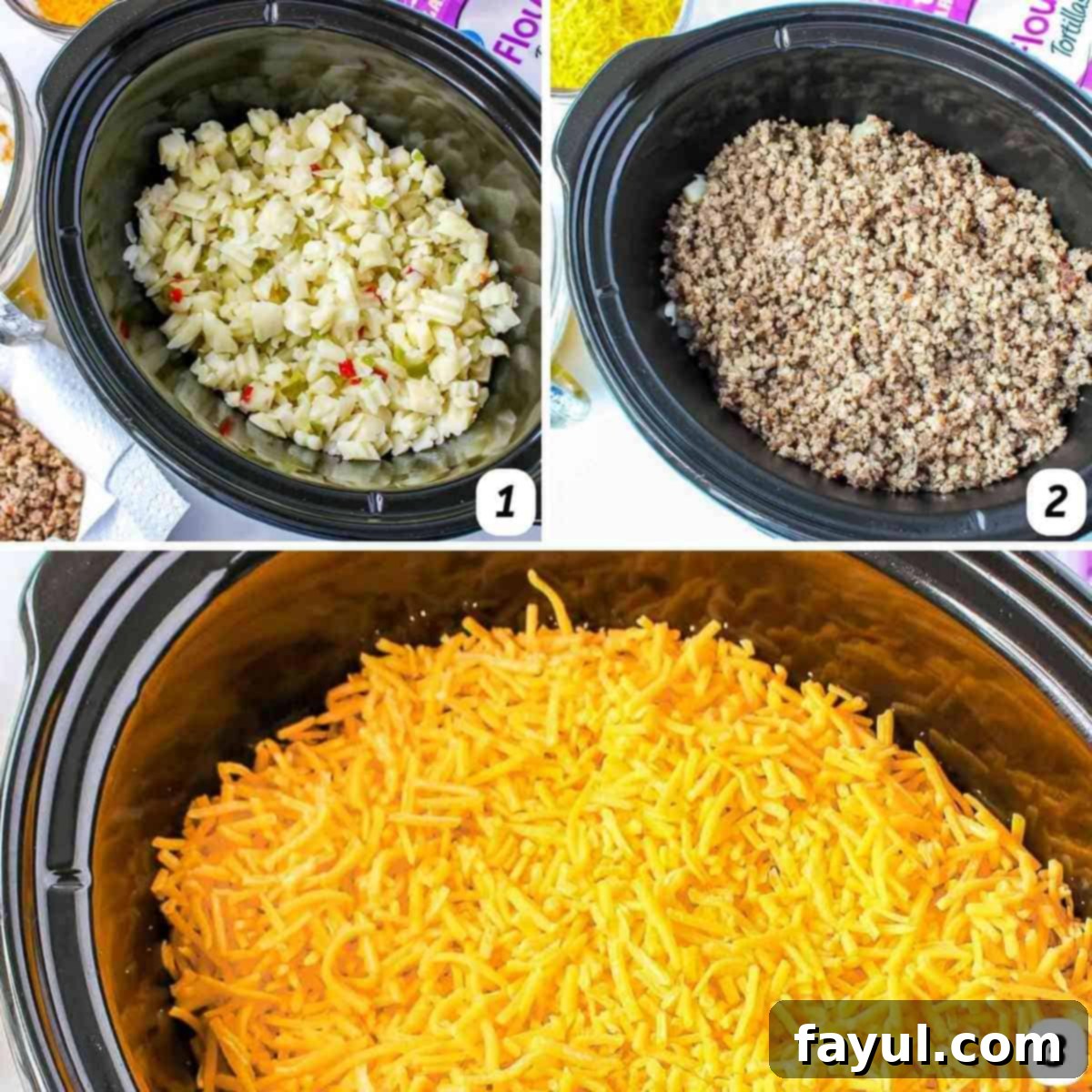 Three panel grid of process shots 1-3 - browning sausage over heat, and adding hash browns, sausage and cheese to crock pot.