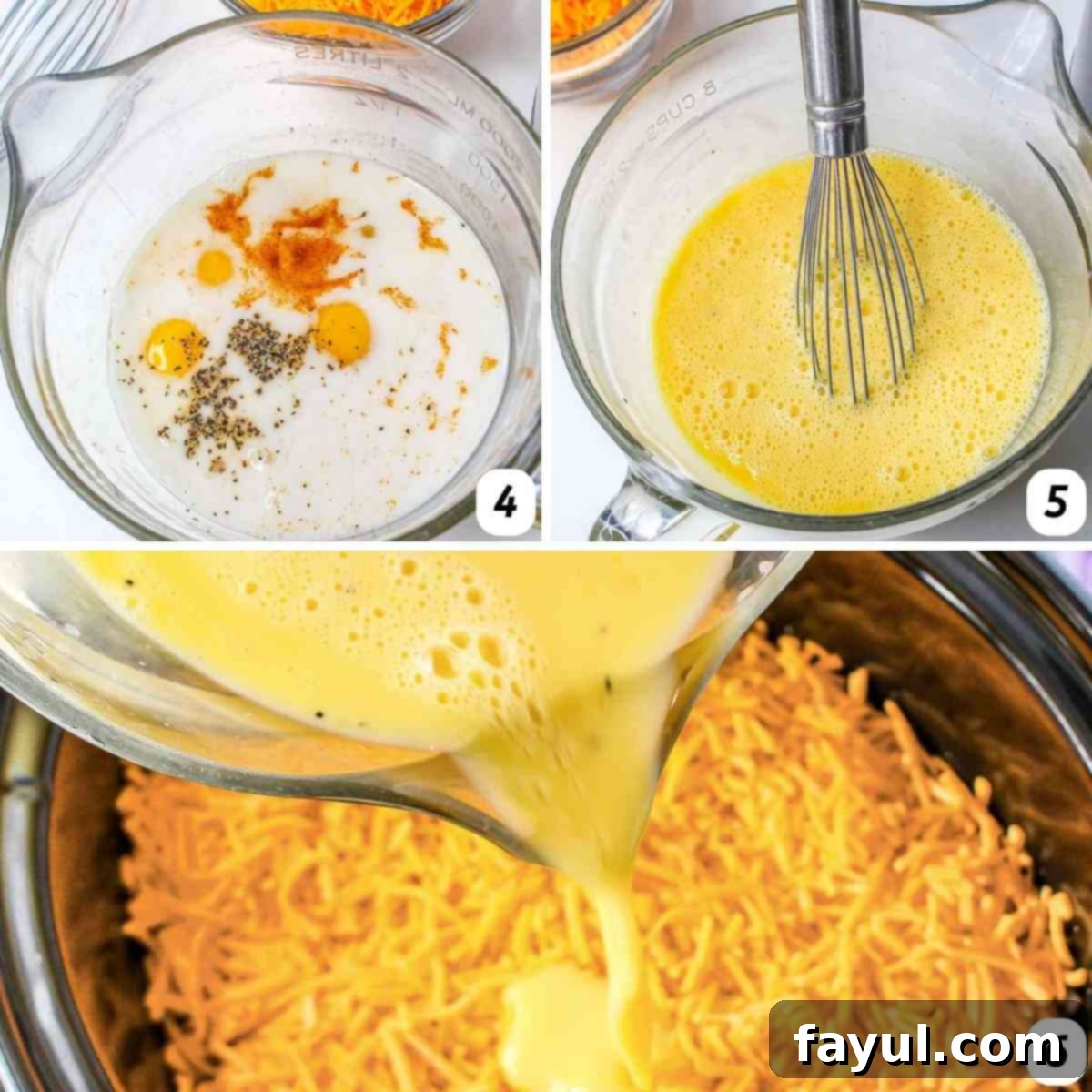 Three panel grid of process shots 4-6 - whisking together eggs, milk, salt, and pepper and adding to the crock pot.
