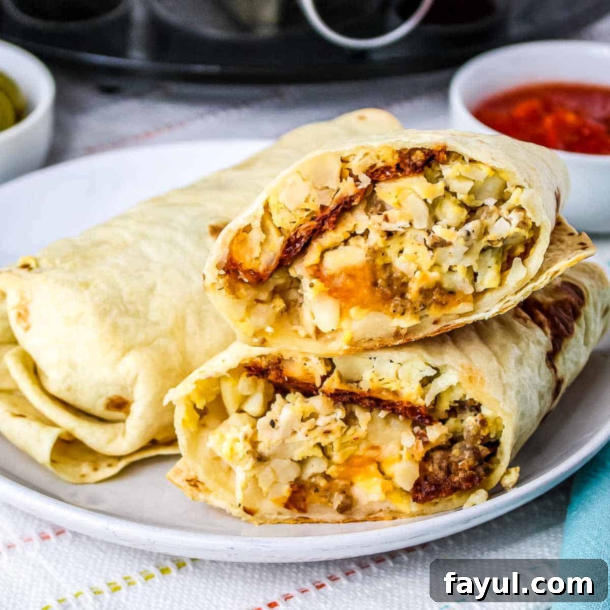 Side shot of a cross section of a breakfast burrito on a white plate with more in the background along with some sauce in a small white bowl.