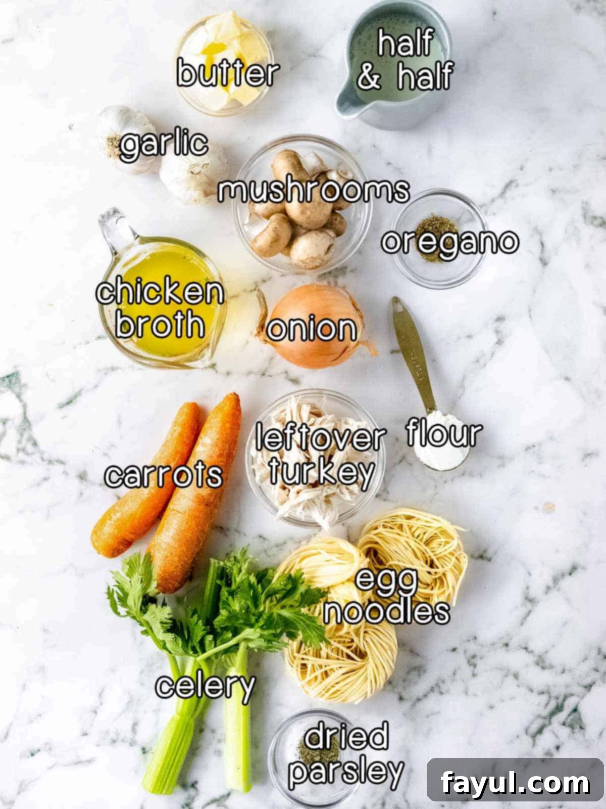 Overhead shot of ingredients - butter, half and half, garlic, mushrooms, oregano, chicken broth, onion, flour, leftover turkey, carrots, celery, egg noodles, and dried parsley.