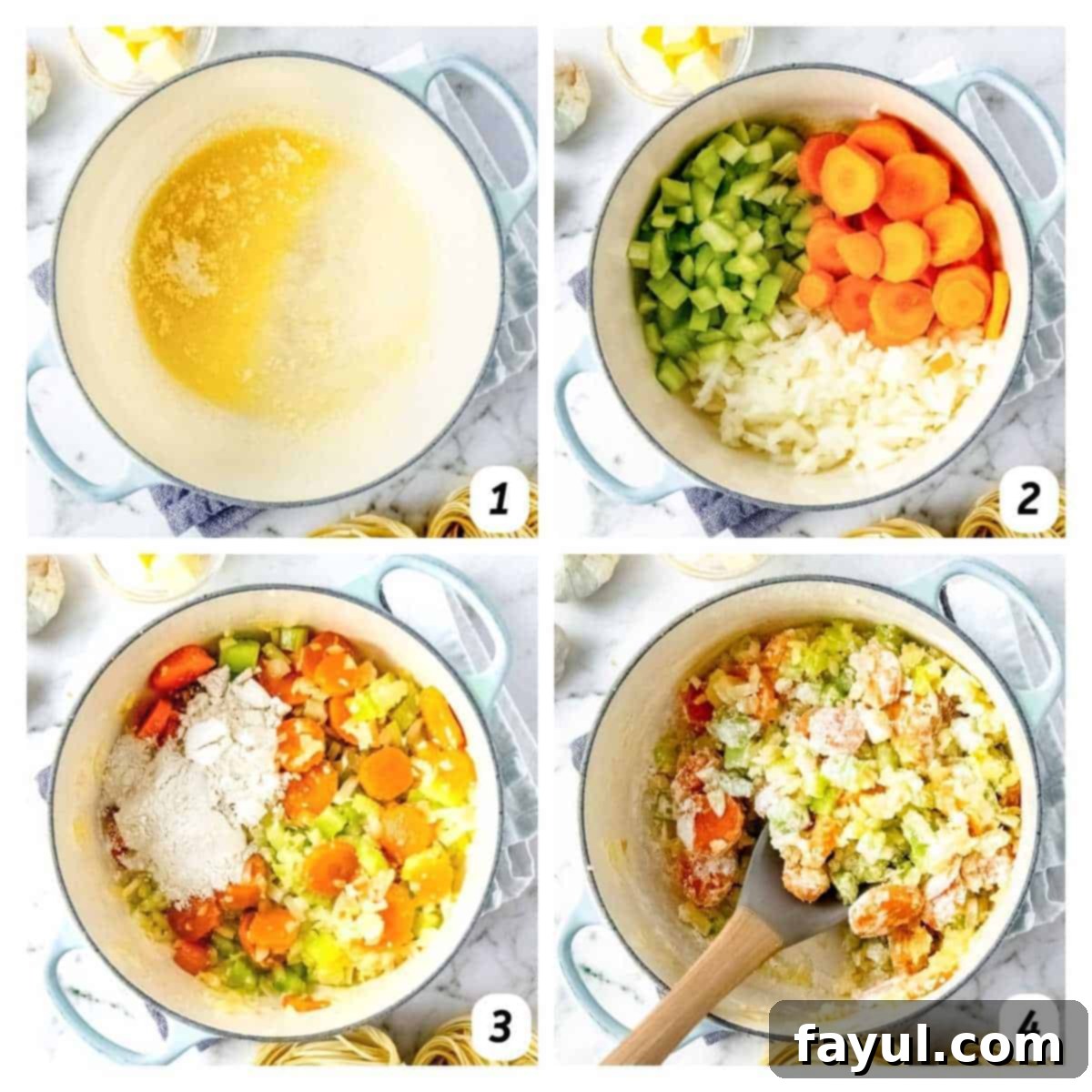 Four panel grid of process shots 1-4 - adding ingredients gradually into a large pot over heat.