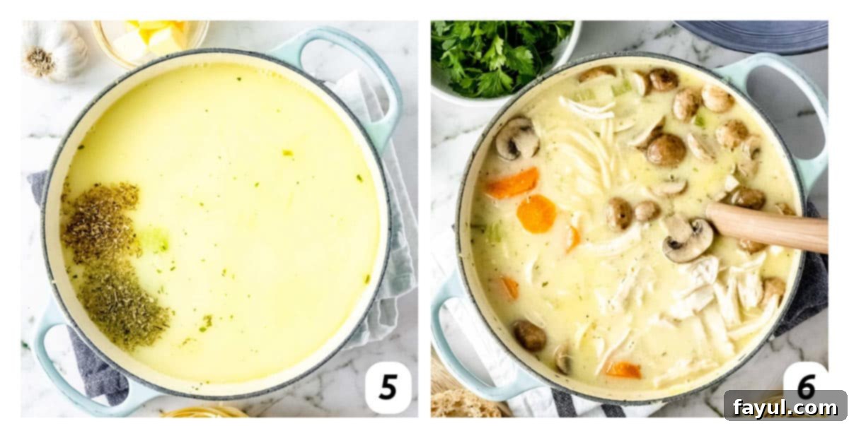 Two panel grid of process shots 5-6 - adding the rest of ingredients into pot and allowing to simmer.