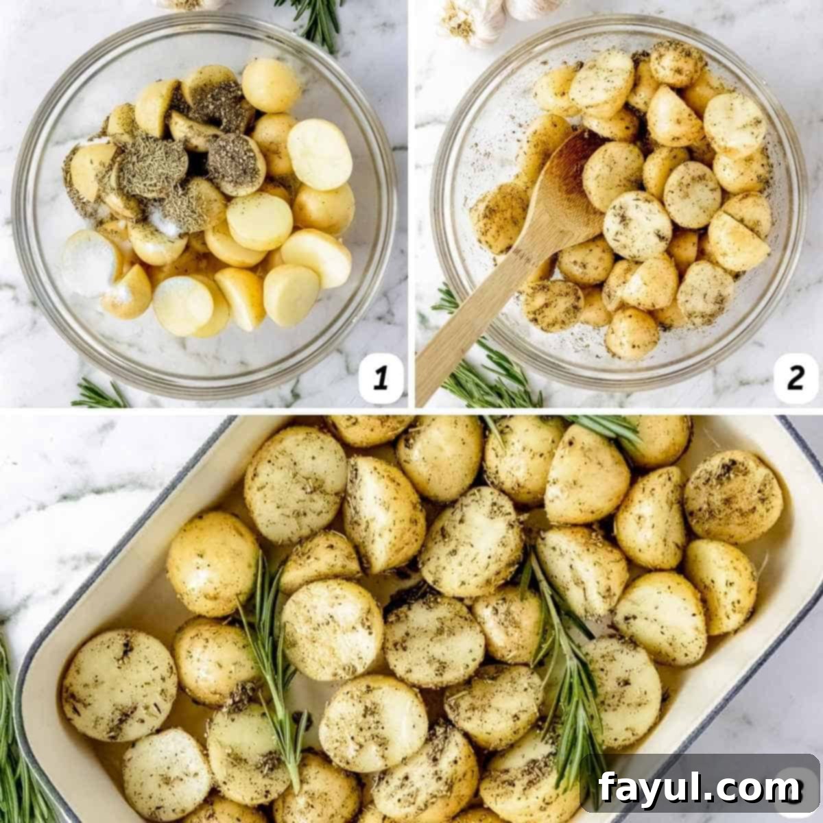 Three panel grid of process shots - prepping and seasoning potatoes, placing in baking dish, and baking.
