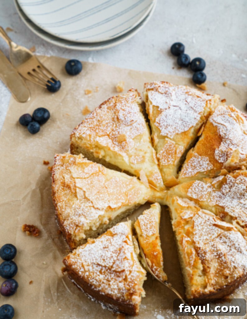 Close-up of the gooey cream cheese layer on a homemade butter cake