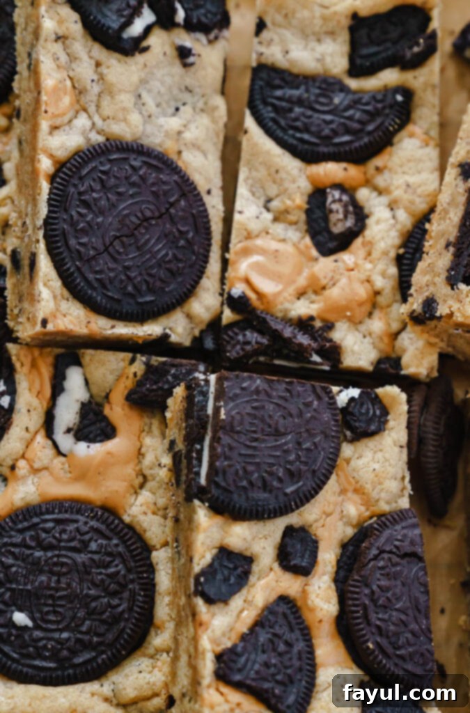 Stack of freshly baked Peanut Butter Oreo Bars