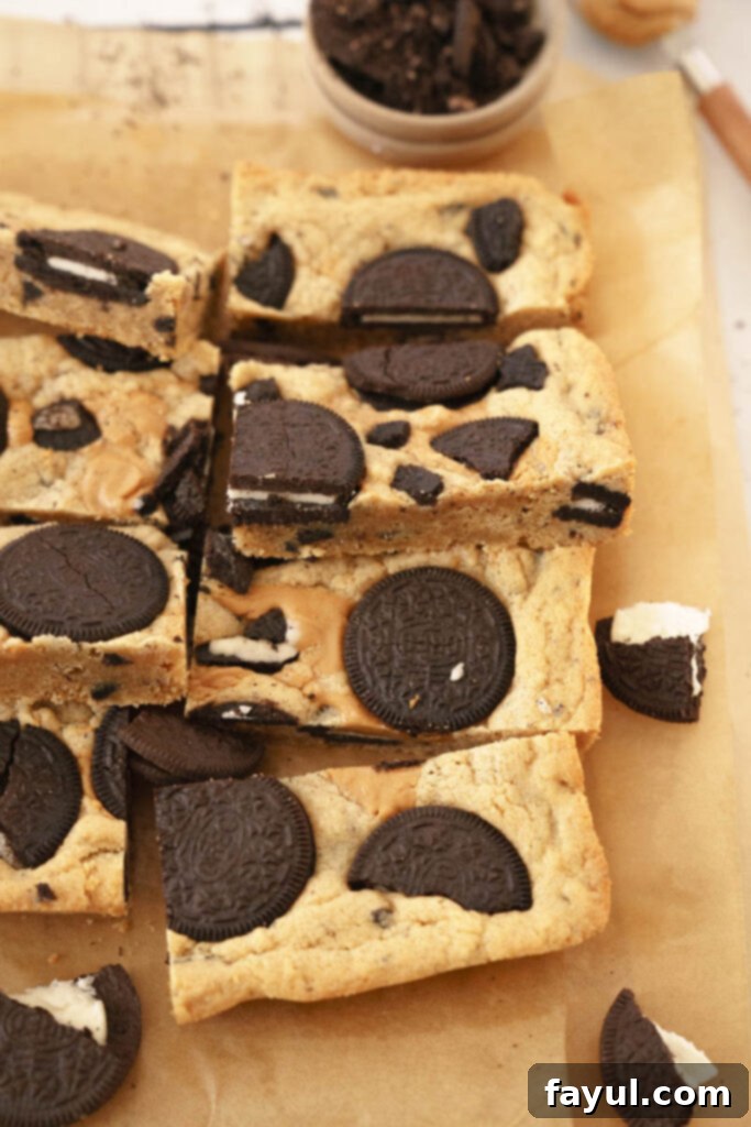 Close-up of cut Peanut Butter Oreo Bars