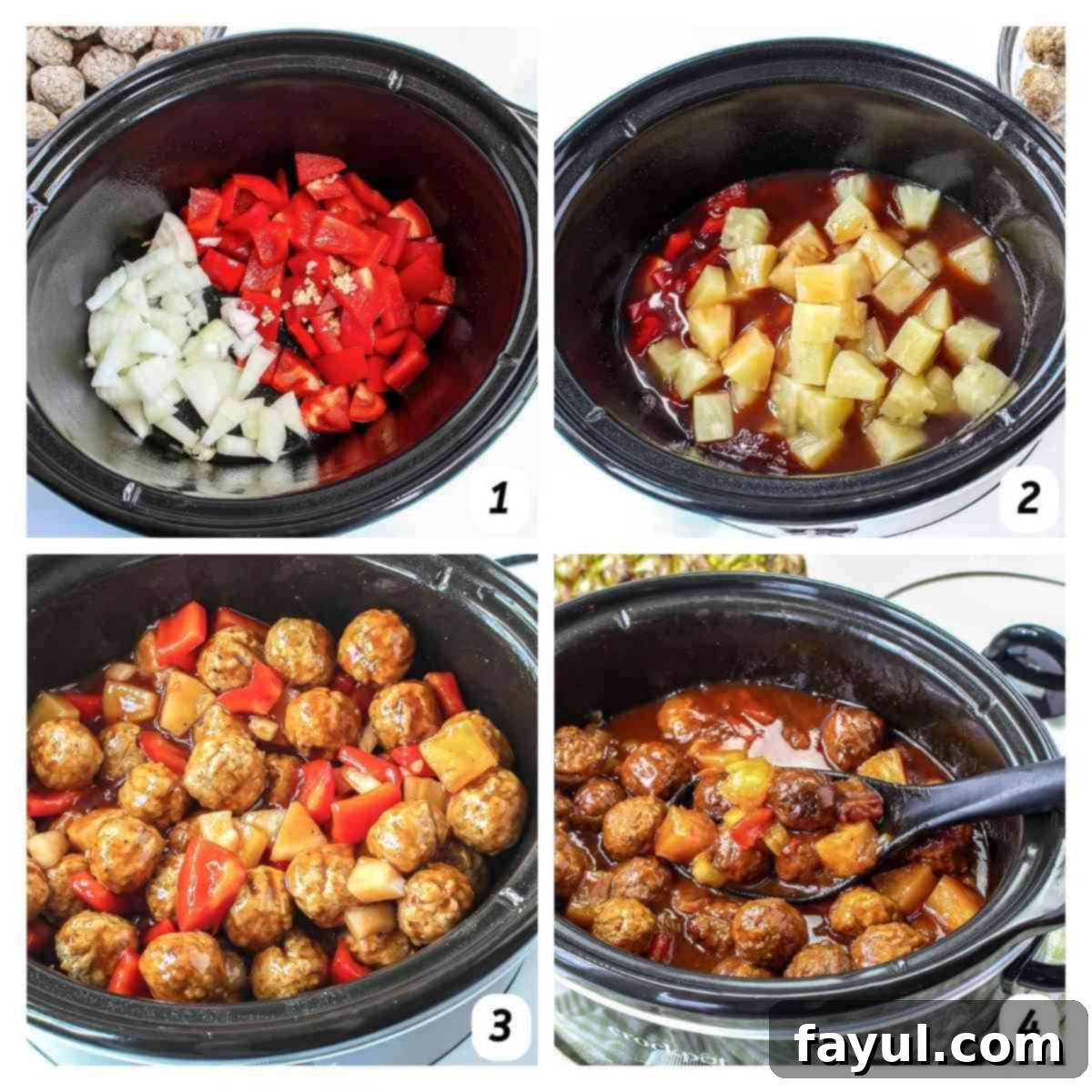 Four panel grid of process shots showing ingredients gradually placed in the slow cooker and then cooking for 5-6 hours, illustrating the easy steps for Hawaiian Meatballs.