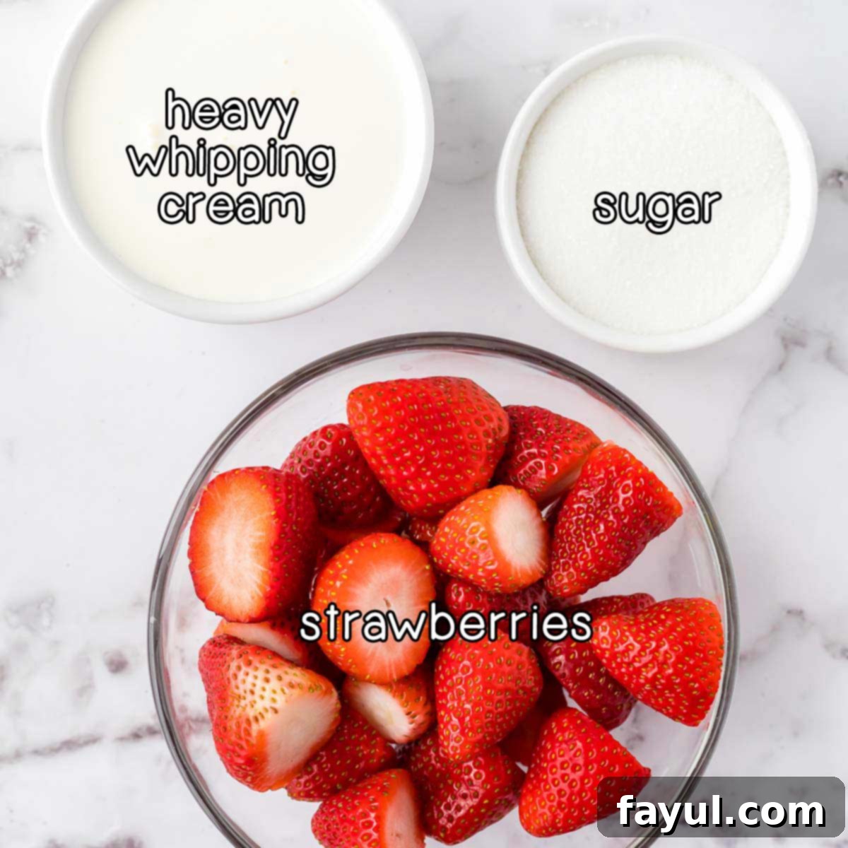 Overhead shot of ingredient - strawberries, heavy whipping cream, and sugar.