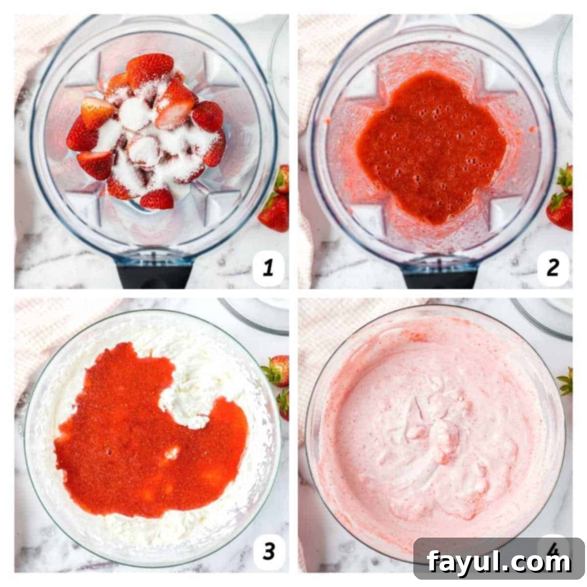 Overhead shot of process shots - blending together sugar and strawberries and mixing into heavy whipping cream that has been beat.