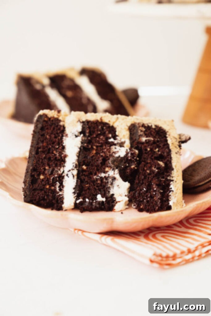 Close-up of a slice of Peanut Butter Oreo Cake