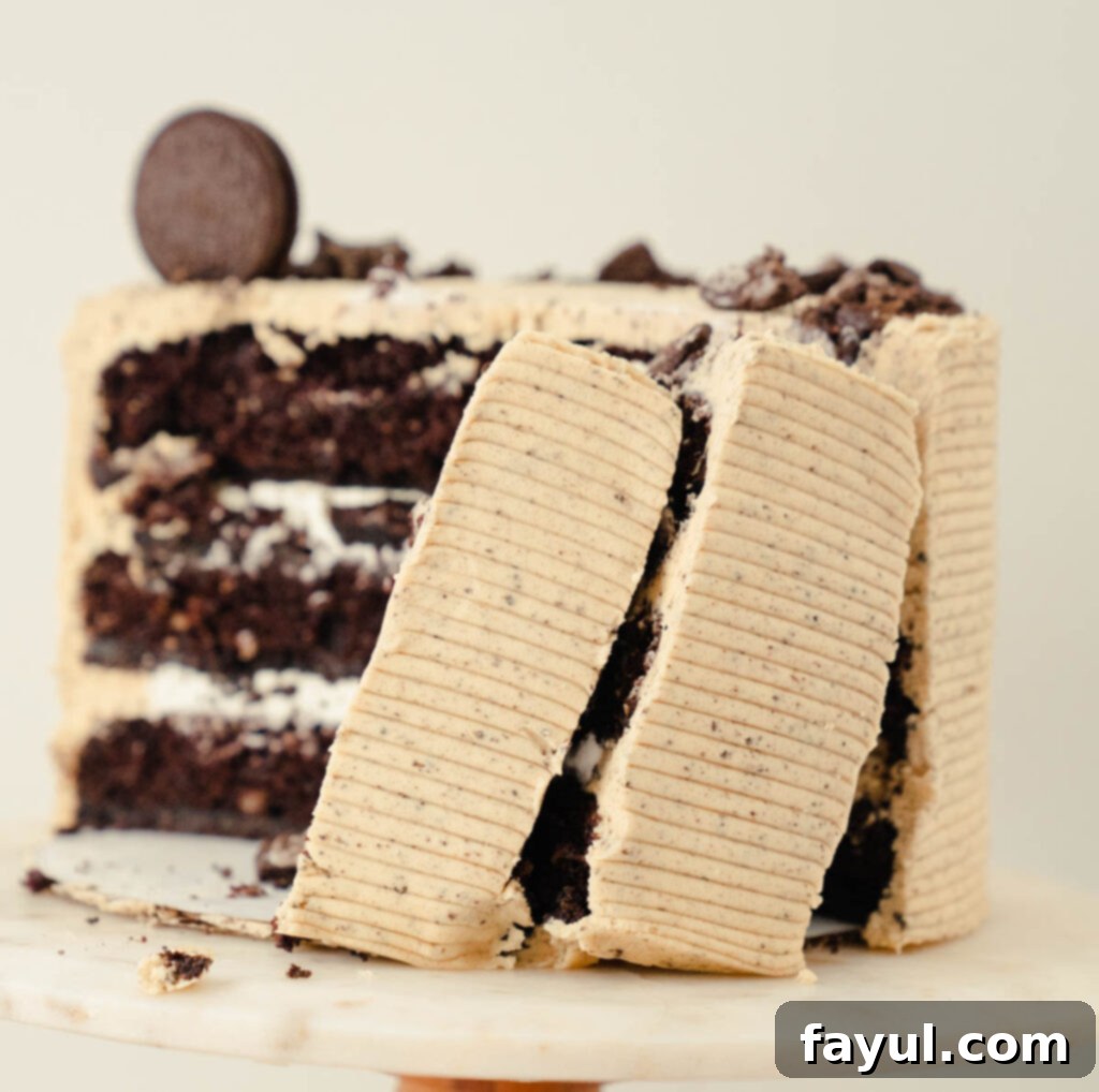 Close-up of Peanut Butter Oreo Cake with a bite taken