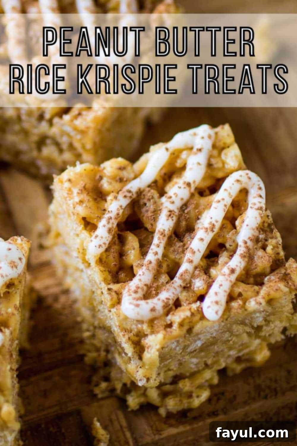 Close up shot of Peanut Butter Rice Krispie treats with icing drizzle on a wooden cutting board, highlighting the gooey and crispy texture.