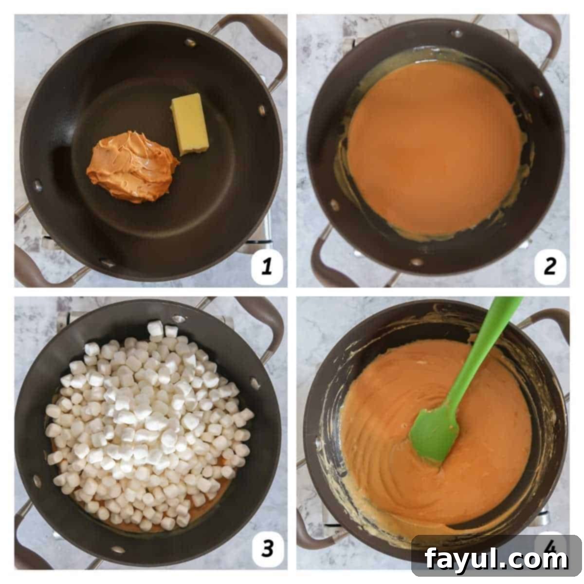 Four panel grid of process shots 1-4 - melting butter, peanut butter, and marshmallows in a pan, showing the smooth, combined mixture.