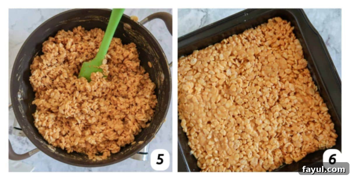 Two panel grid of process shots 5-6 - adding in Krispie rice cereal, moving mixture to a pan, and allowing to cool, demonstrating the final steps.
