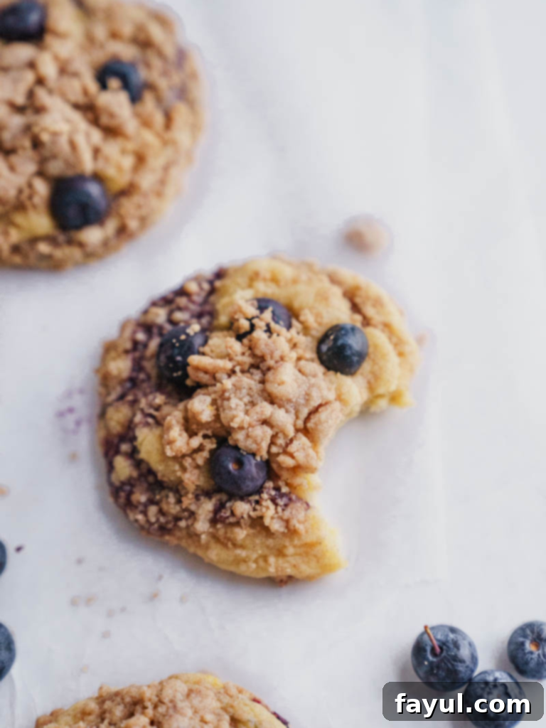 Two freshly baked lemon blueberry muffin cookies with streusel topping and jam swirl on a cooling rack.