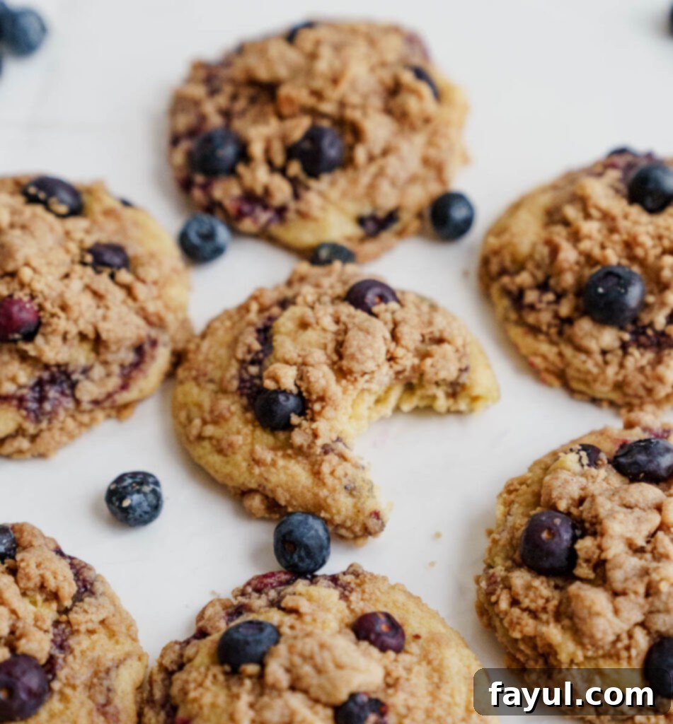 Stack of two lemon blueberry muffin cookies on a marble surface with a scattering of fresh blueberries.