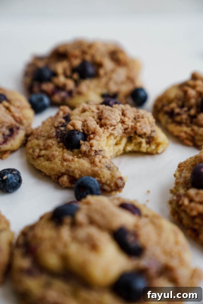 A close-up shot of a baked lemon blueberry muffin cookie on a white background.