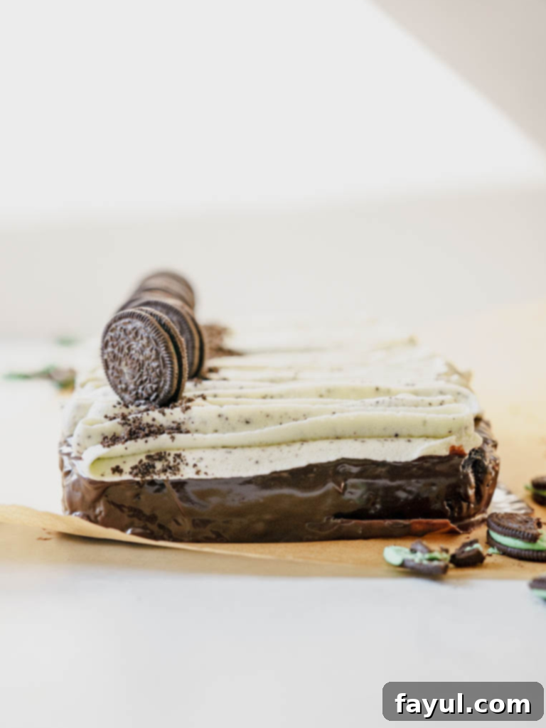 Grasshopper sheet cake with mint green frosting and chocolate cake layers